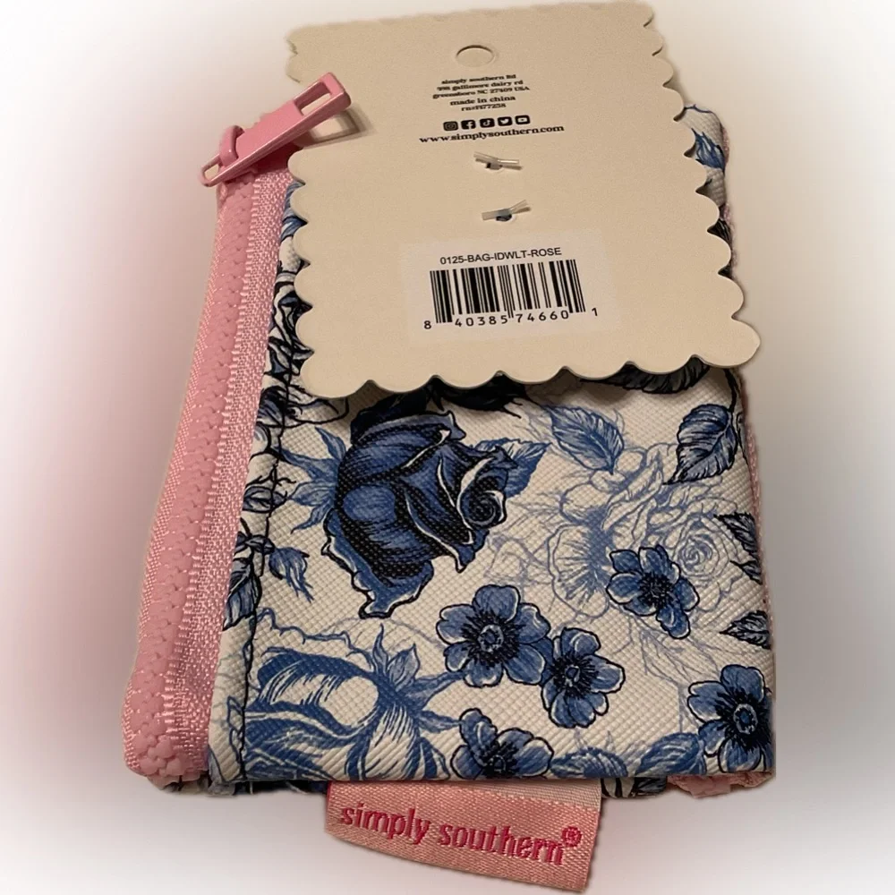 Simply Southern Blue Floral ID Holder with Duo Pink Zippers & outside pocket.